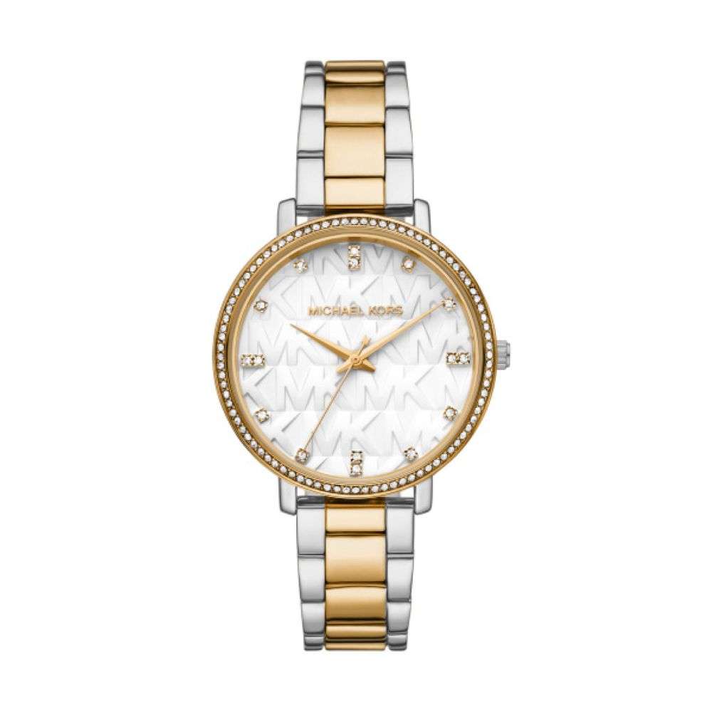 MK4918 Michael Kors womens MK initial white dial gold steel bracelet watch front image