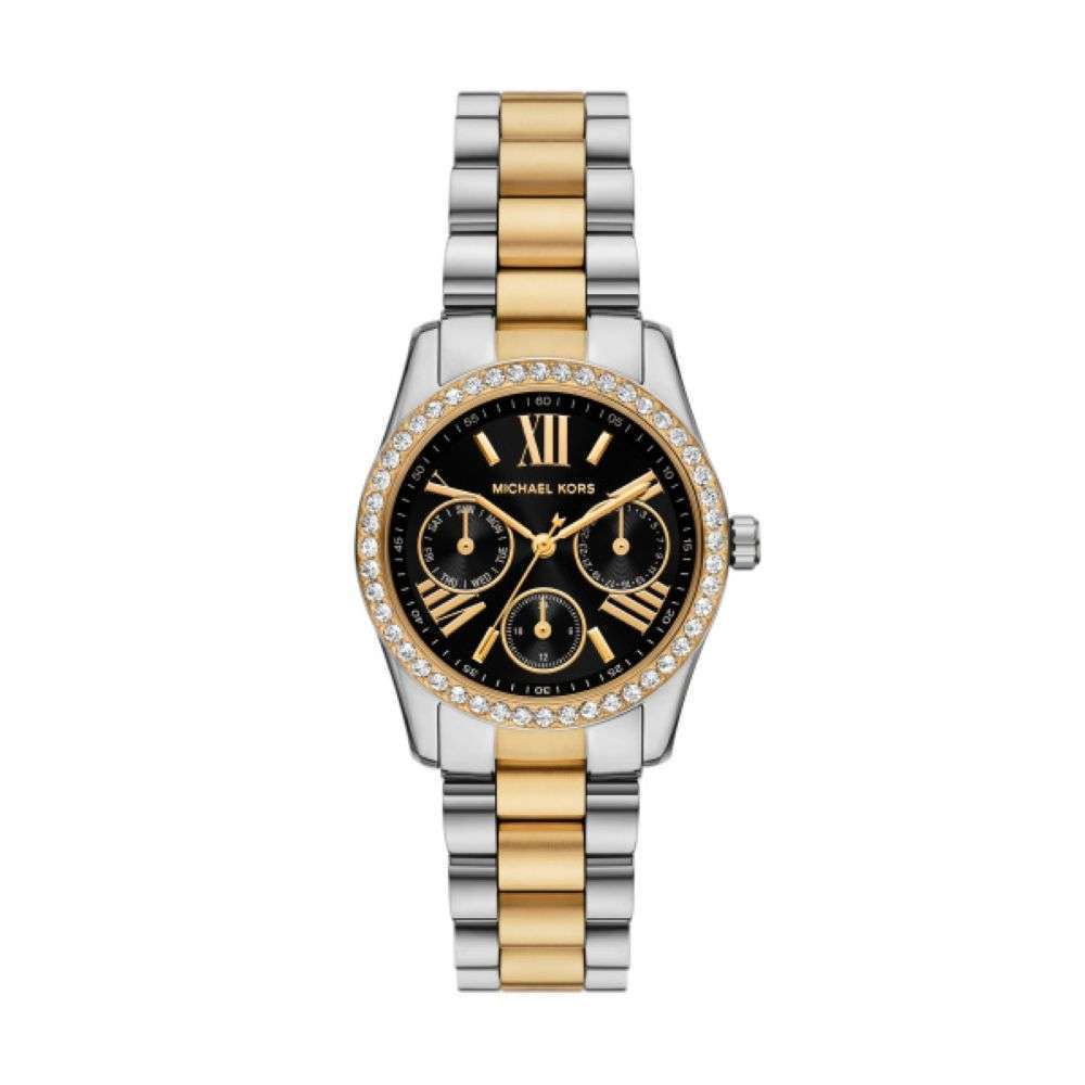 MK4925 Michael Kors womens Lexington gold steel bracelet black multi dial watch front image MK4925 Michael Kors womens Lexington gold steel bracelet black multi dial watch front image