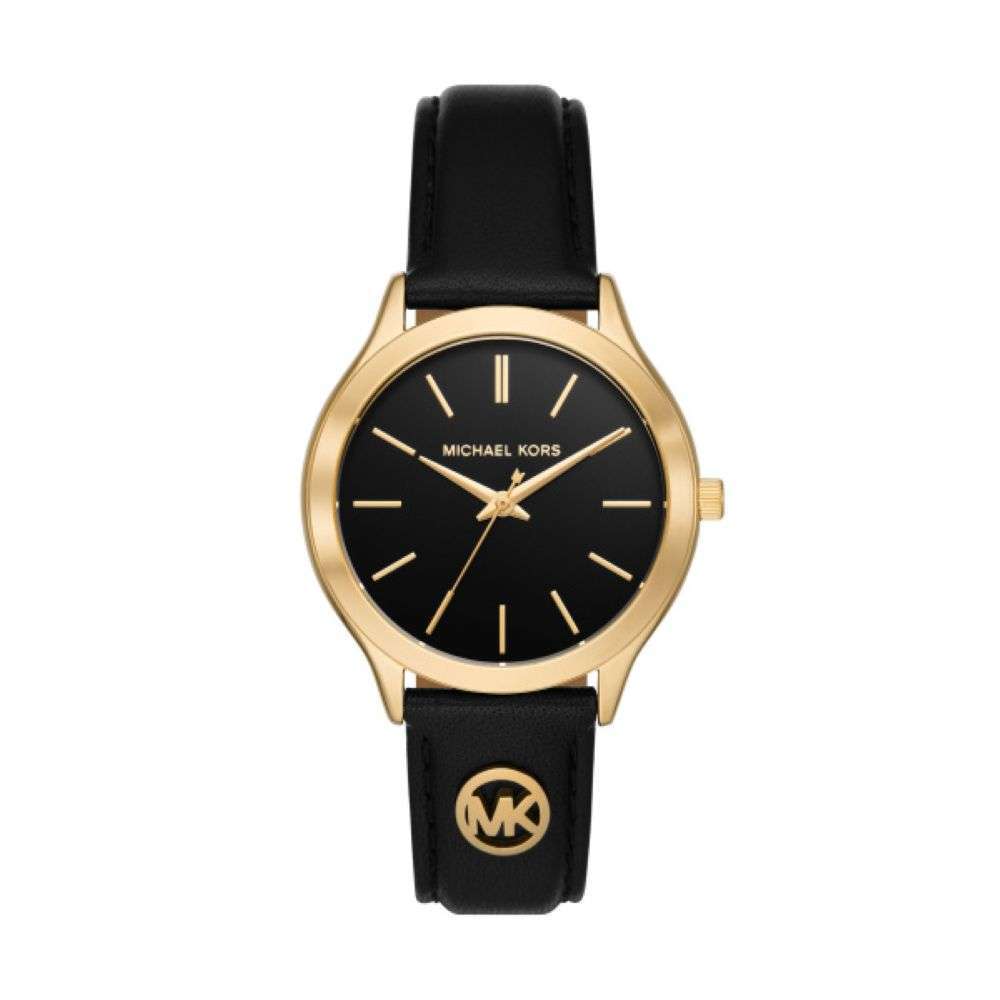 MK7553 Michael Kors gold case Slim Runway black analogue black leather strap watch front image MK7553 Michael Kors gold case Slim Runway black analogue black leather strap watch front image