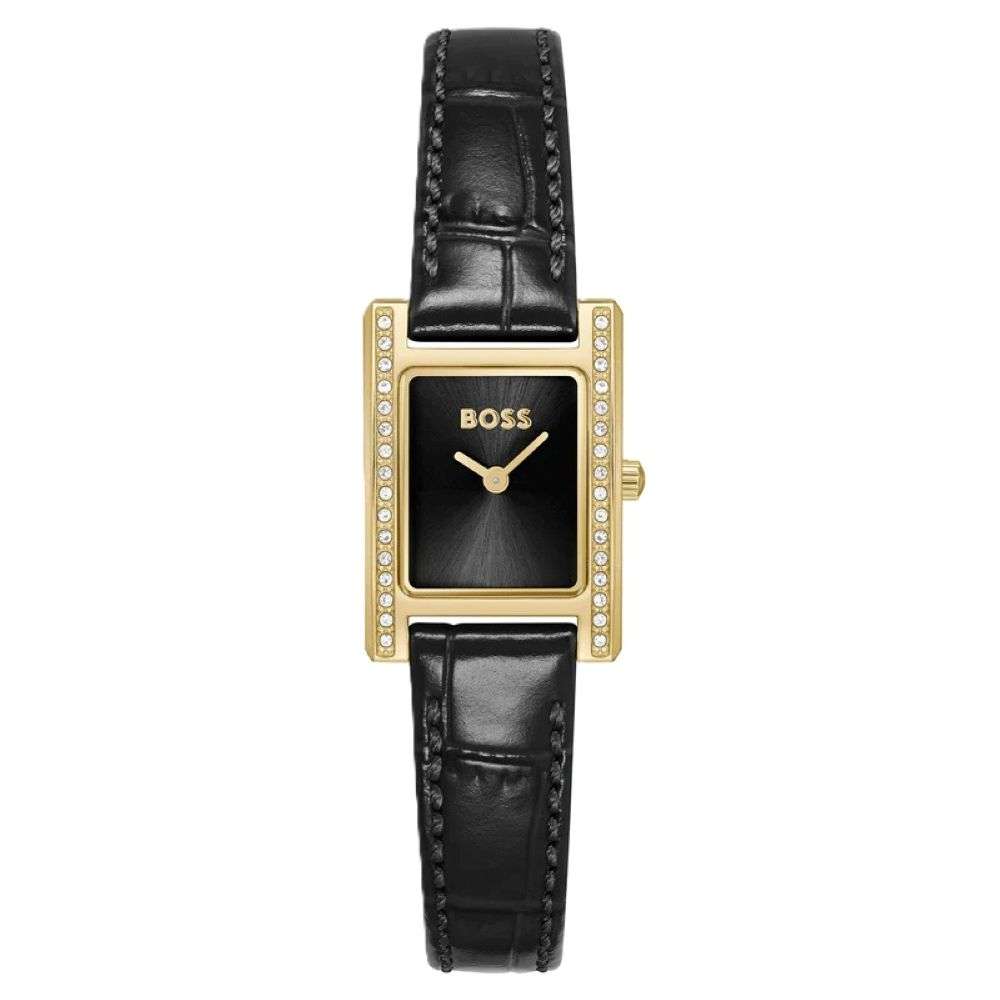 1502813 Boss ladies Lucy Precious Gold CZ Case Black Leather Strap Watch Front Image 1502813 Boss ladies Lucy Precious Gold CZ Case Black Leather Strap Watch Front Image