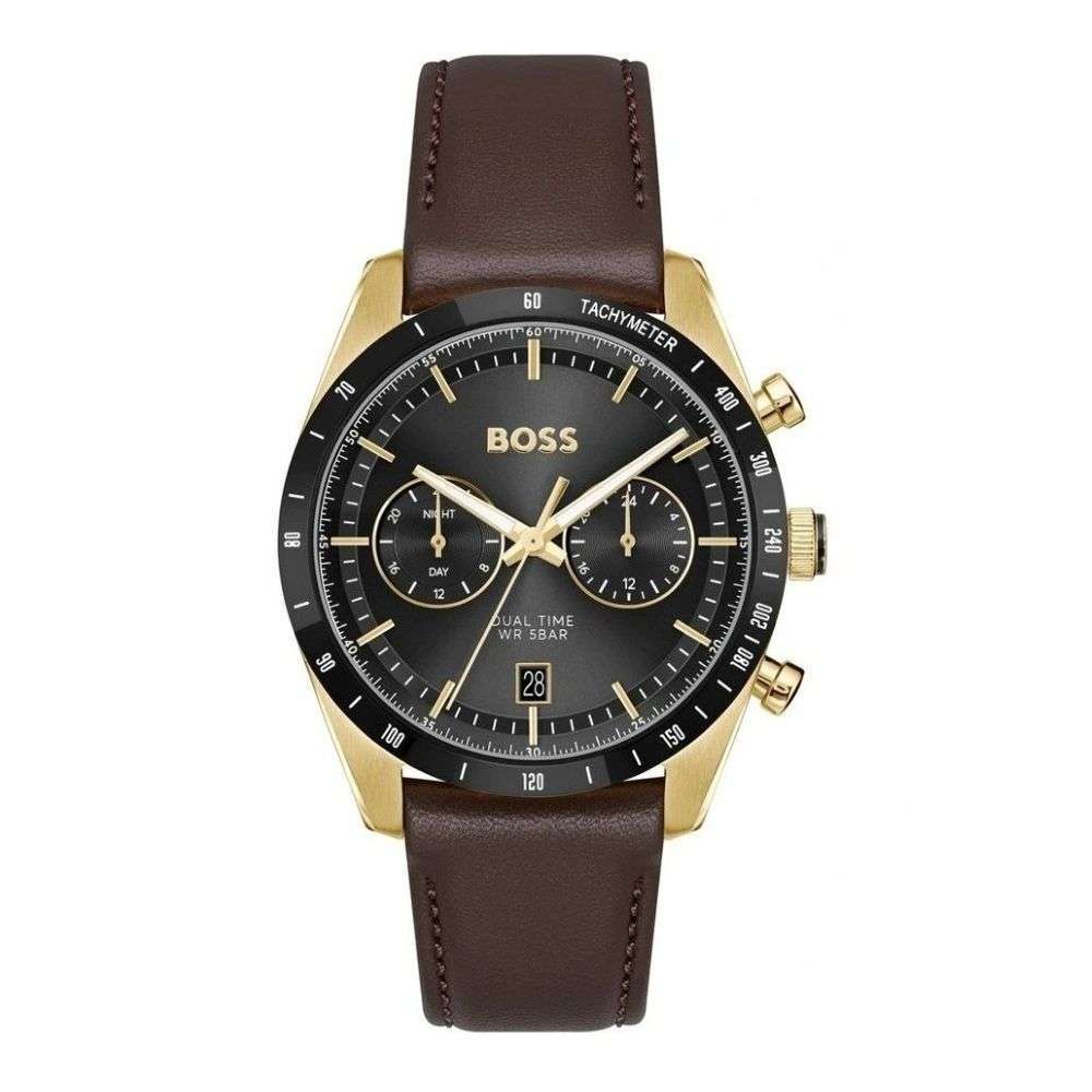 1514285 Boss Gents Tourmaster Black Gold Case Chronograph Leather Strap Watch front image 1514285 Boss Gents Tourmaster Black Gold Case Chronograph Leather Strap Watch front image
