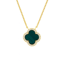 Sterling Silver Gold Malachite CZ Clover Necklace