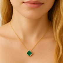 Sterling Silver Gold Malachite CZ Clover Necklace