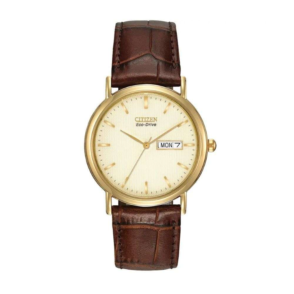 BM8242-08P Citizen womens Corso Day-Date eco drive gold case leather strap watch front image BM8242-08P Citizen womens Corso Day-Date eco drive gold case leather strap watch front image