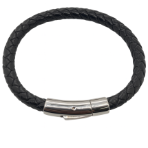 Genuine Leather Mens Black Weave Bracelet