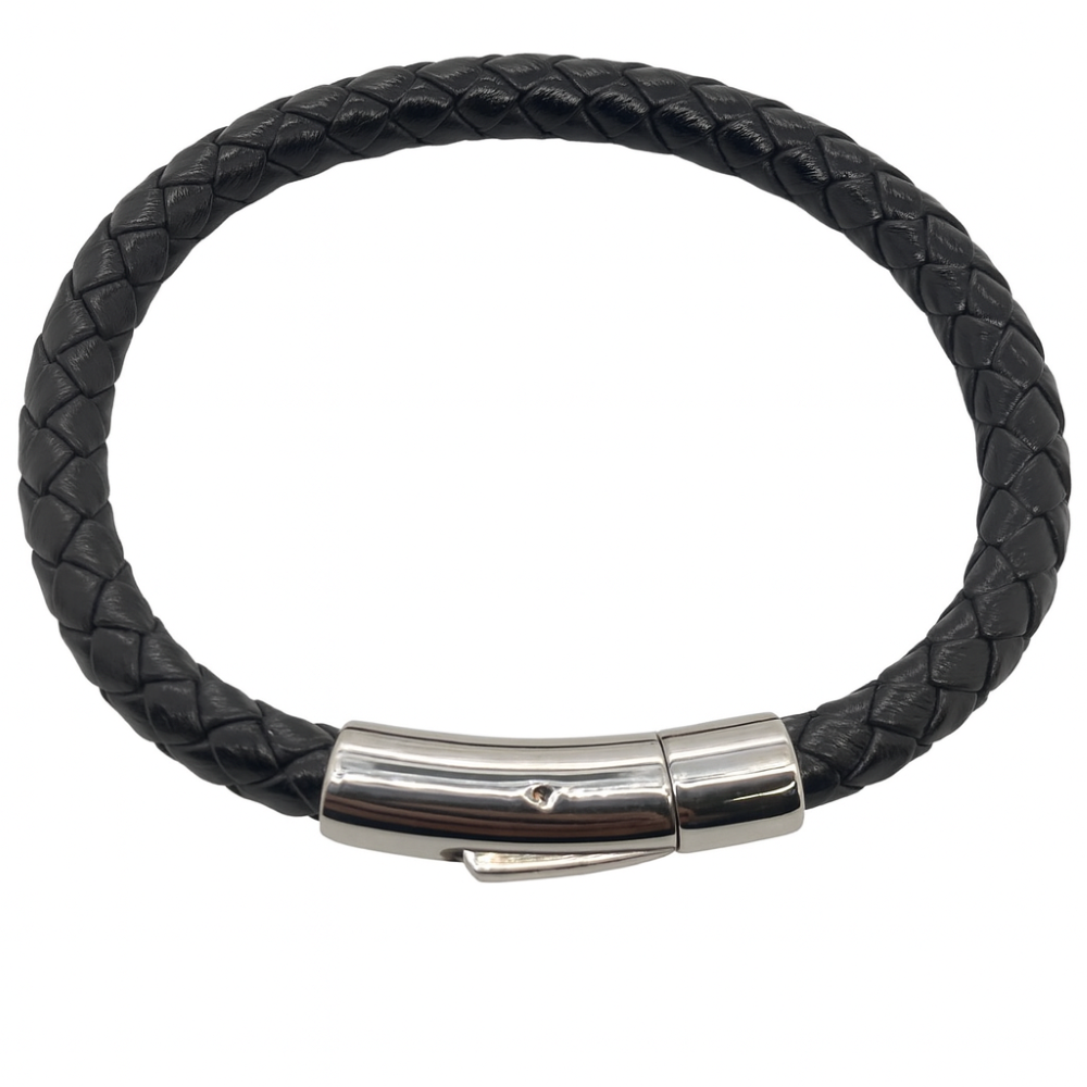 BRC132-mans-black-weaved-genuine-leather-polished-claps-bracelet-front image BRC132-mans-black-weaved-genuine-leather-polished-claps-bracelet-front image