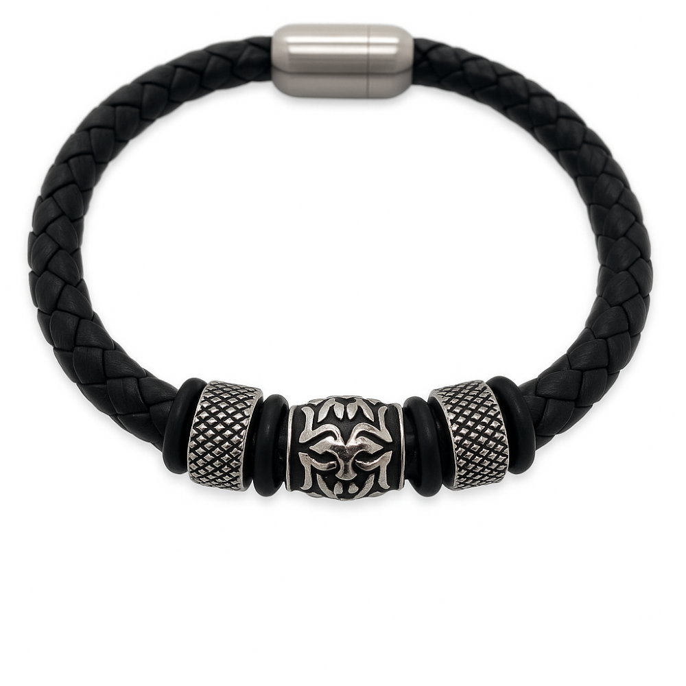 BRC169-gents-leather-weave-black-bead-and-cylinder-front-engraved-bracelet-front-image BRC169-gents-leather-weave-black-bead-and-cylinder-front-engraved-bracelet-front-image