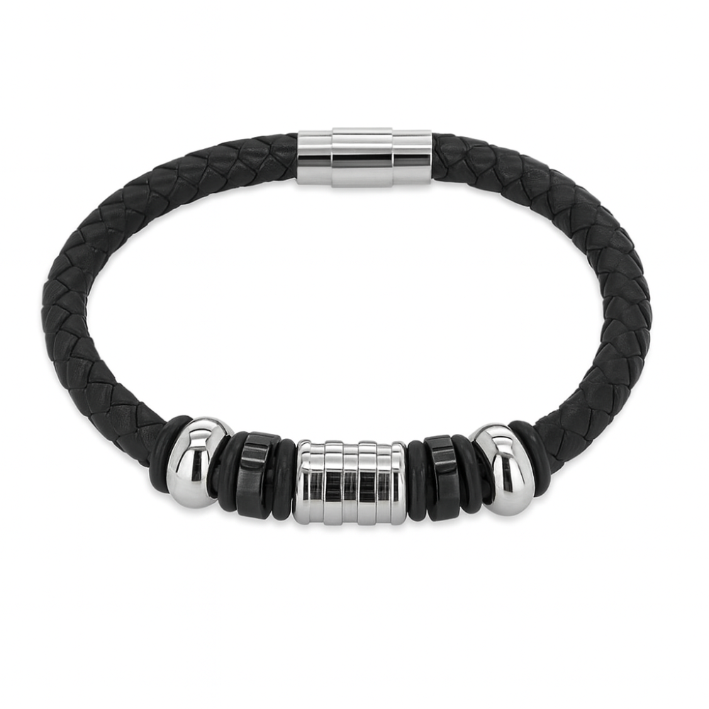 BRC175-gents-leather-weave-black-bead-and-cylinder-front-design-bracelet-front-image