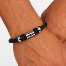 Genuine Leather Mens Black Weave Bracelet