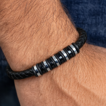 Genuine Leather Mens Black Steel Bracelet