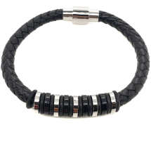 Genuine Leather Mens Black Steel Bracelet