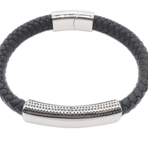 Genuine Leather Mens Black Steel Bracelet