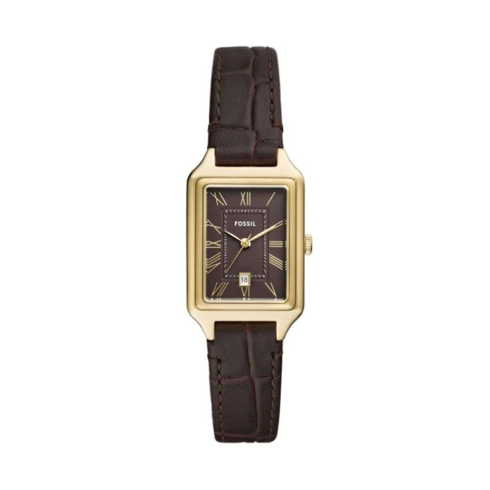 ES5367 Fossil womens Raquel gold case black leather strap watch front image