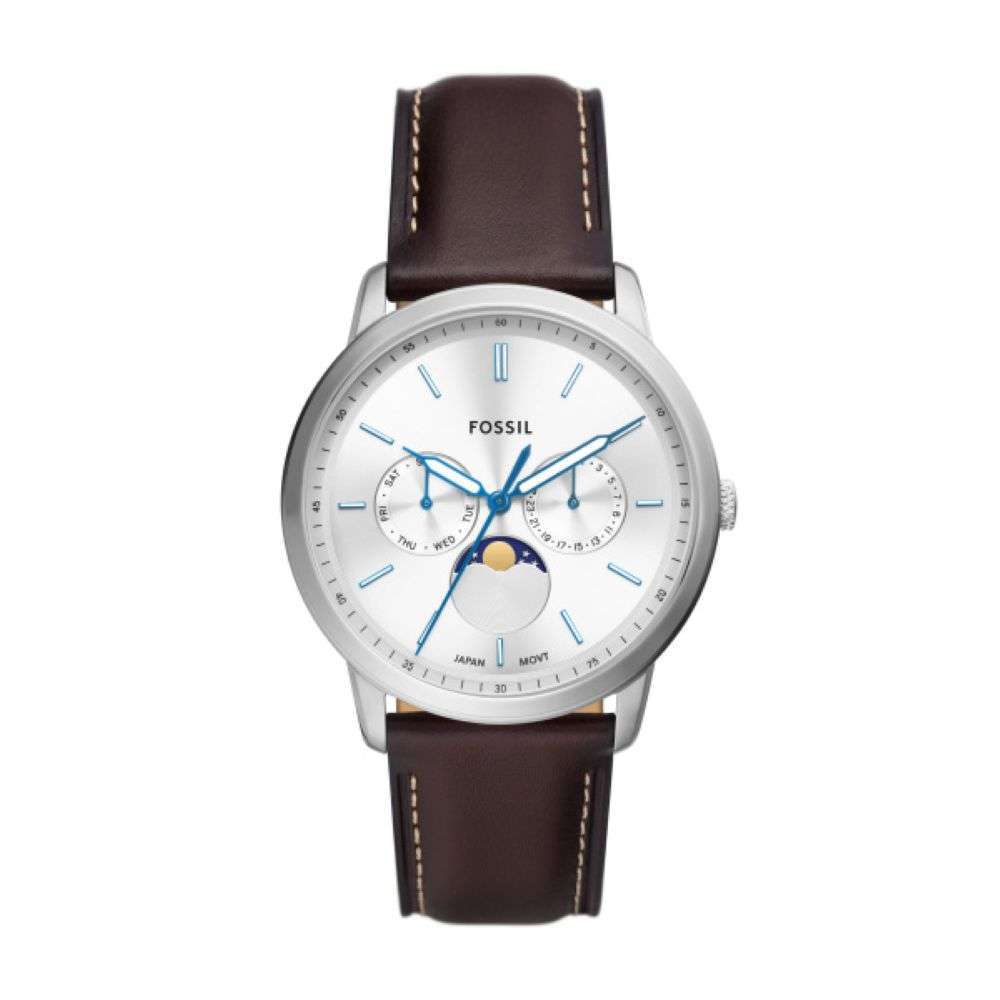 FS5905 Fossil Mens Neutra Moon phase dial on leather strap steel case watch front image FS5905 Fossil Mens Neutra Moon phase dial on leather strap steel case watch front image