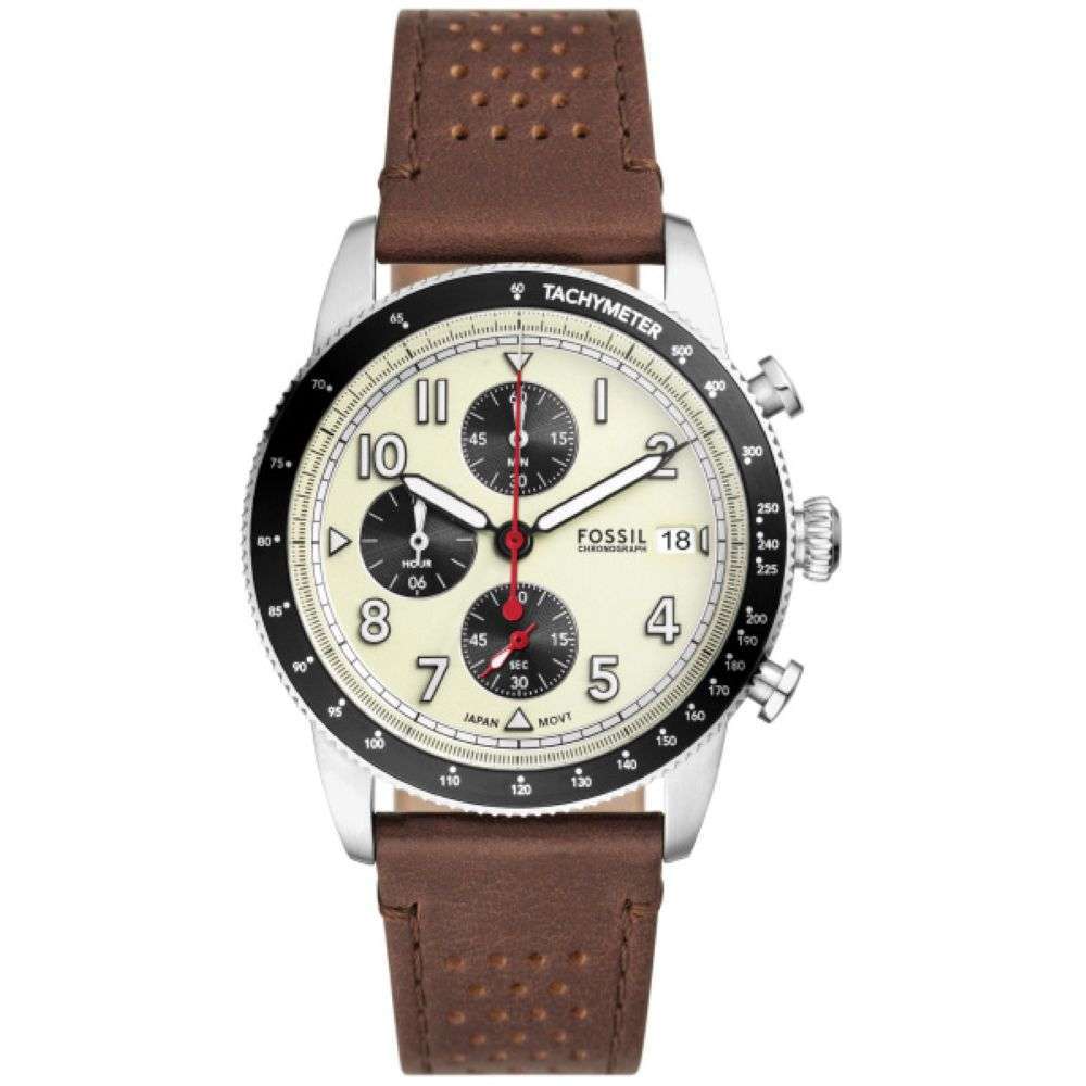FS6042 Fossil Mens Sport Tourer Steel Case Leather Strap watch front image FS6042 Fossil Mens Sport Tourer Steel Case Leather Strap watch front image