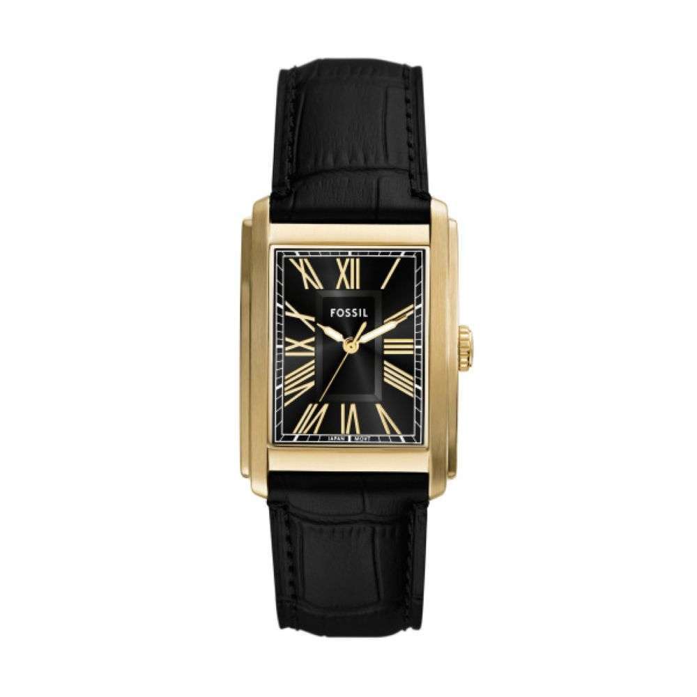 FS6091 Fossil Mens Carraway Gold case black dial black leather strap watch front image FS6091 Fossil Mens Carraway Gold case black dial black leather strap watch front image