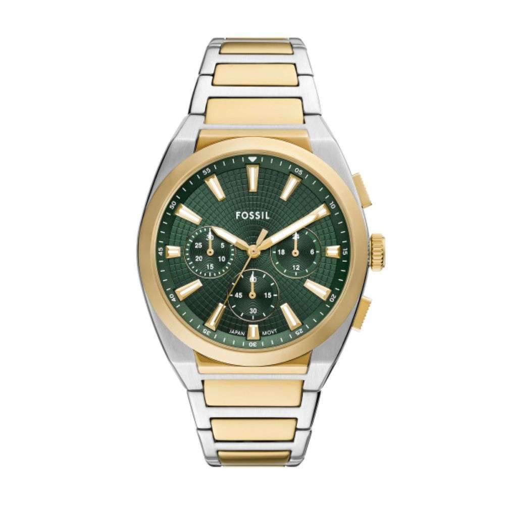 FS6106 Fossil Mens Everett Steel and gold bracelet watch green chronograph dial front image FS6106 Fossil Mens Everett Steel and gold bracelet watch green chronograph dial front image