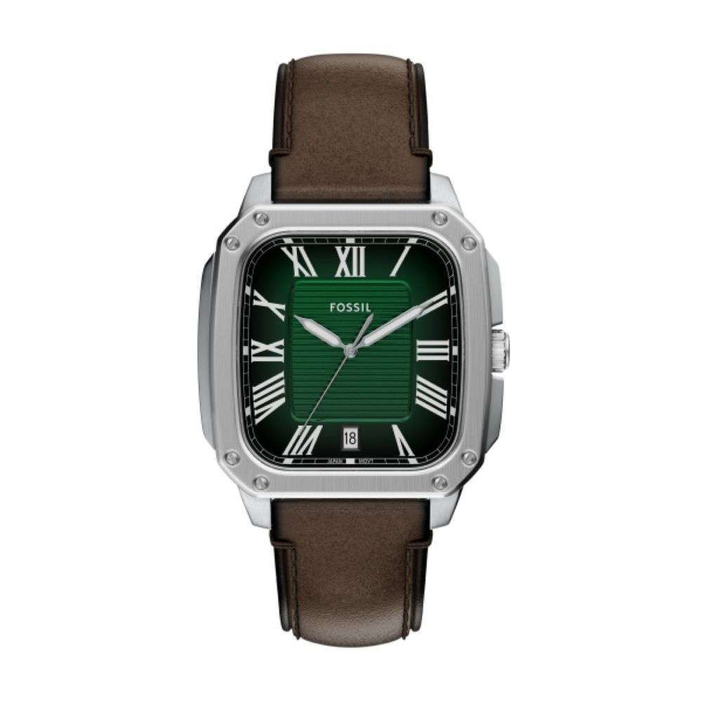 FS6150 Fossil Mens Crosby Steel leather strap square green analogue dial watch front image FS6150 Fossil Mens Crosby Steel leather strap square green analogue dial watch front image
