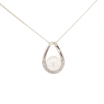 Sterling Silver CZ Oval Pearl Pendant And Chain