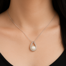 Sterling Silver CZ Oval Pearl Pendant And Chain