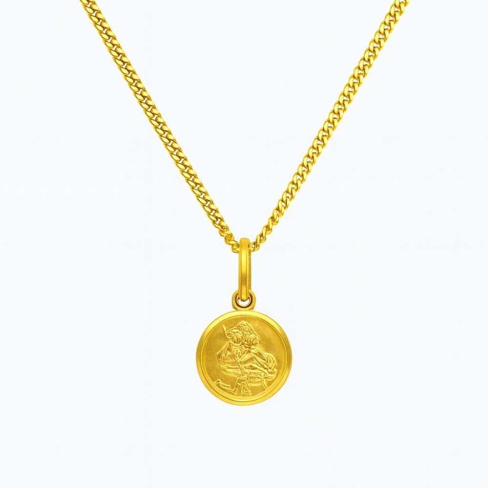 H2409-Y Sterling silver gold plated 10mm St. Christopher medal and chain front image H2409-Y Sterling silver gold plated 10mm St. Christopher medal and chain front image