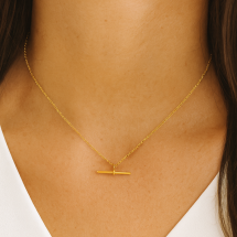 Sterling Silver Gold Mini T Bar CZ Set Necklace