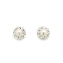Sterling Silver CZ Halo Pearl Stud Earrings