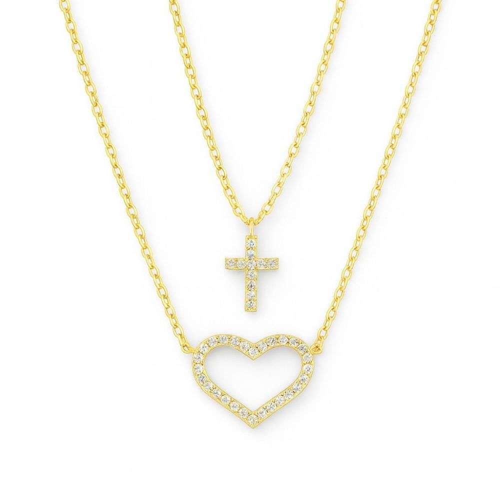 N2401695F Sterling silver gold plated cz cross and heart layered necklace front image N2401695F Sterling silver gold plated cz cross and heart layered necklace front image