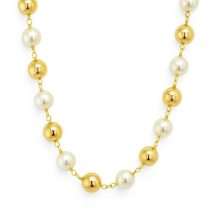Sterling Silver Womens Gold Ball And Pearl Necklace
