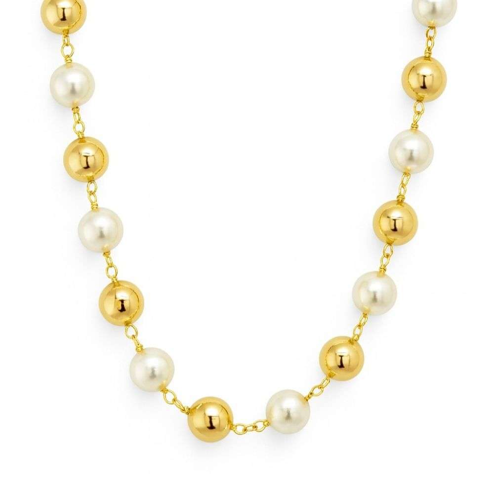 N2401999F Sterling silver gold plated polished ball and pearl station necklace front image N2401999F Sterling silver gold plated polished ball and pearl station necklace front image