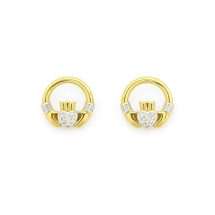 Sterling Silver Gold CZ Set Claddagh Stud Earrings
