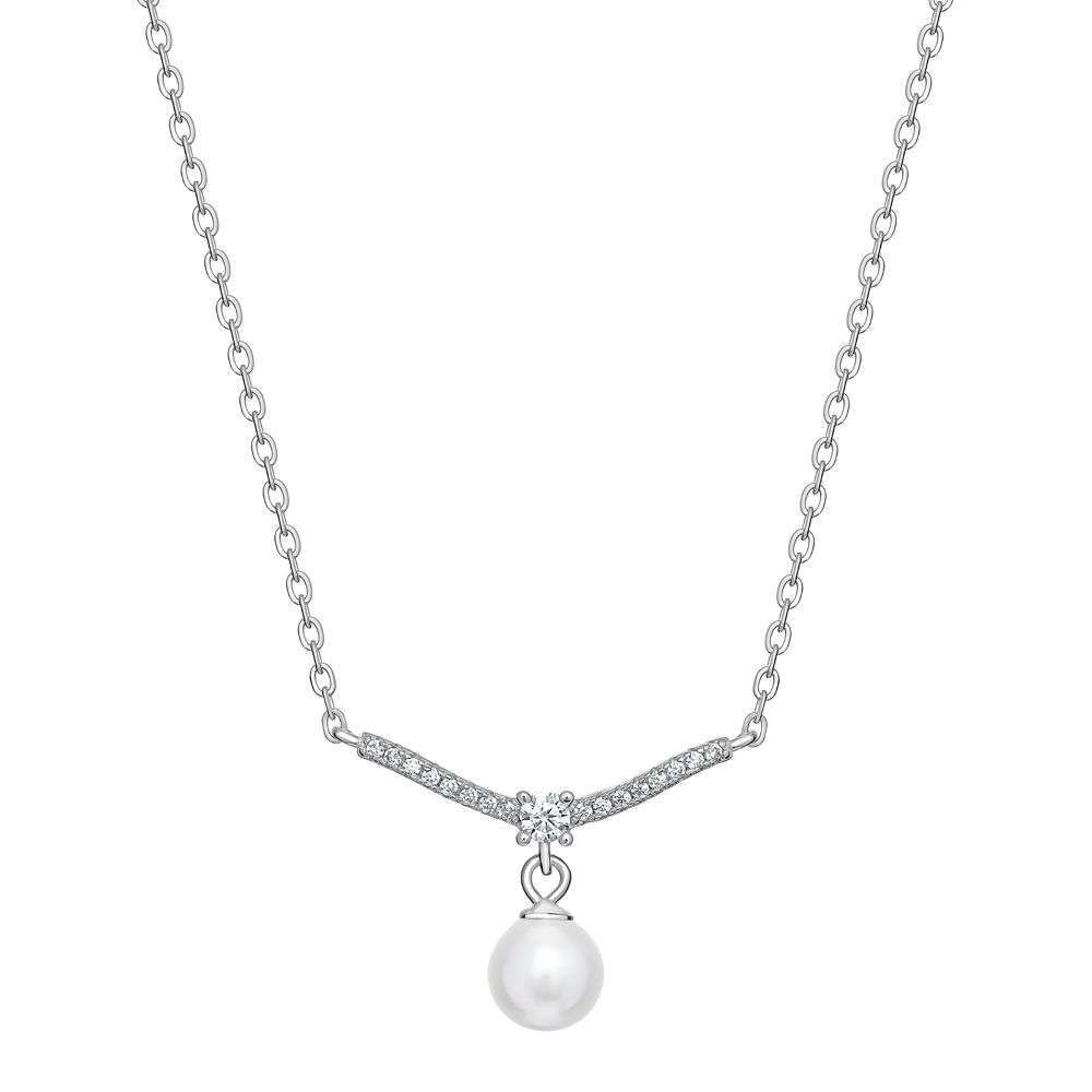 SN092B Sterling silver cz and pearl wishbone necklet front image SN092B Sterling silver cz and pearl wishbone necklet front image