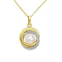 9ct Yellow White Gold Circles Pearl Pendant And Chain