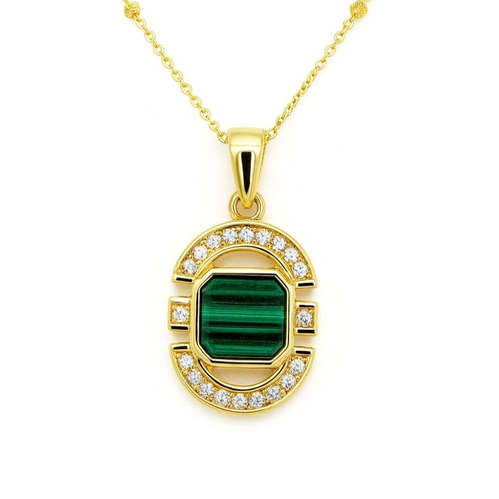 8.61.0040-Sterling-silver-gold-plated-malachite-octagon-art-deco-cz-pendant-front-image