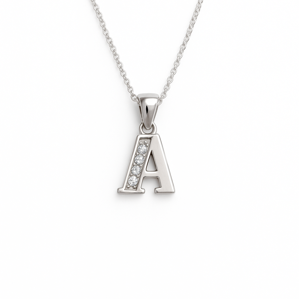 8.63.4414-sterling-silver-cz-set-inital-A-pendant-and-chain-flat-front-image