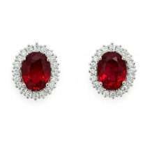 Sterling Silver Ruby CZ Oval Cluster Stud Earrings