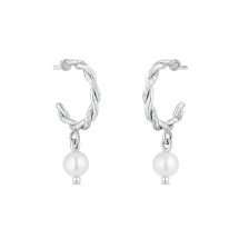 Sterling Silver Weave Drop Pearl Charm Hoop Earring