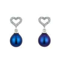 Sterling Silver Dark Drop Pearl Base CZ Heart Top Earrings