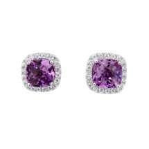 Sterling Silver Amethyst CZ Cushion Halo Stud Earrings