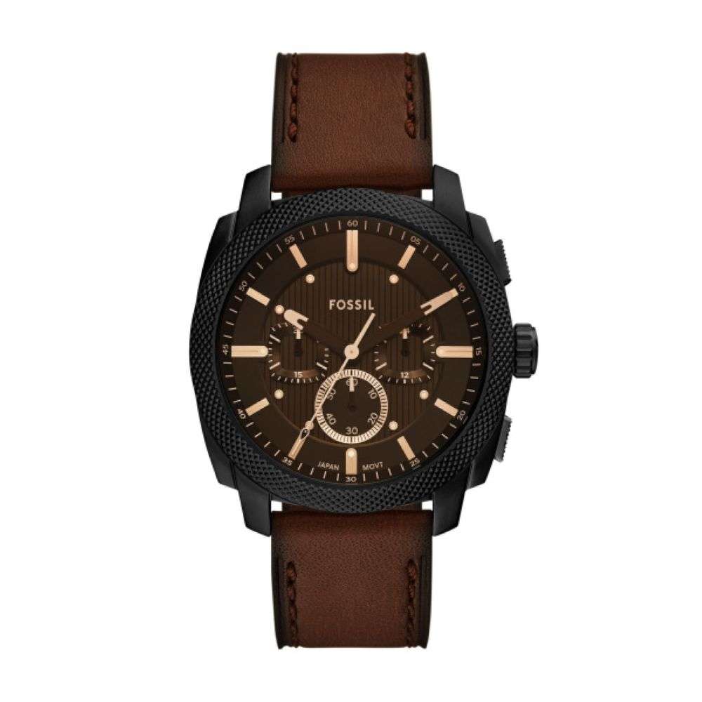 FS6101 Fossil mens Machine dark case with leather strap watch front image