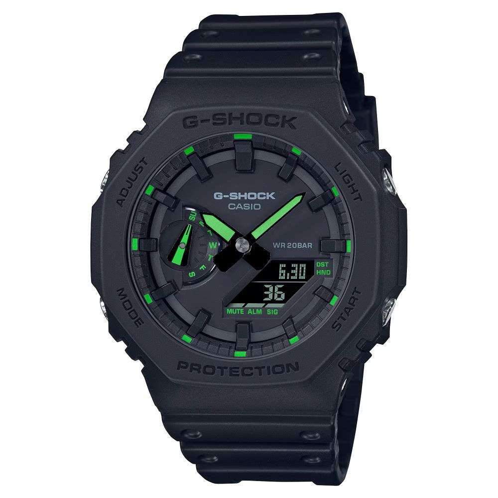 GA-2100-1A3ER Casio Black Silicon Lime Green Markers G Shock watch front image