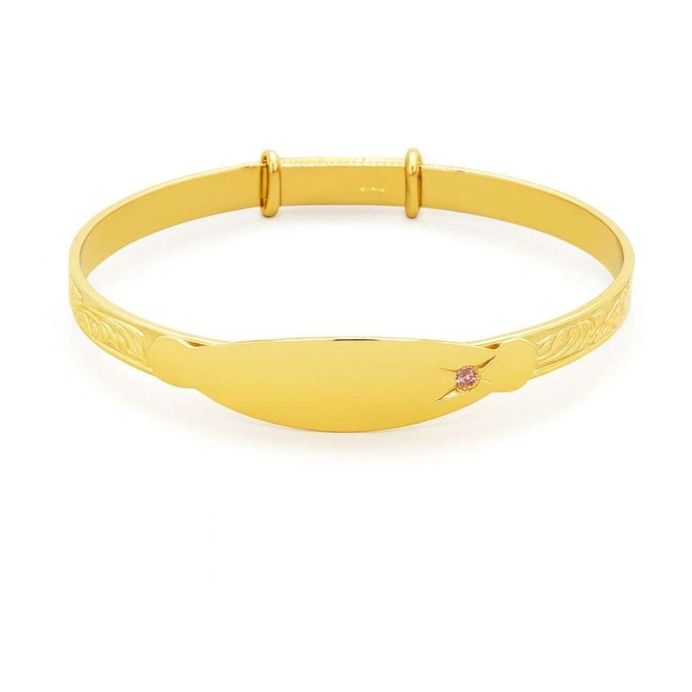 SB1021-sterling-silver-yellow-gold-pink-identity-plate-childs-expanable-bangle-front-main-image
