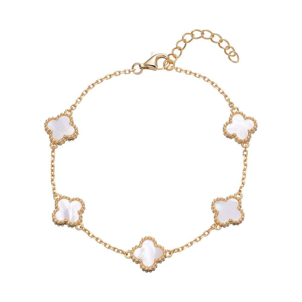 SBR004E Sterling silver gold plated beaded edge mother pearl heart clover bracelet front image SBR004E Sterling silver gold plated beaded edge mother pearl heart clover bracelet front image