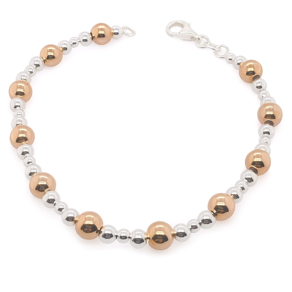 SBR025A-sterling-silver-rose-gold-bead-polished-bracelet-front-top-image