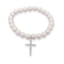 Sterling Silver Children's Pearl CZ Cross Charm Bracelet