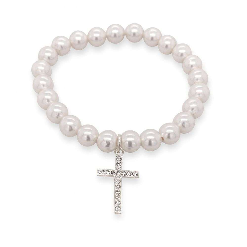 SBR168B-sterling-silver-elasticated-pearl-cross-charm-bracelet-front-image SBR168B-sterling-silver-elasticated-pearl-cross-charm-bracelet-front-image