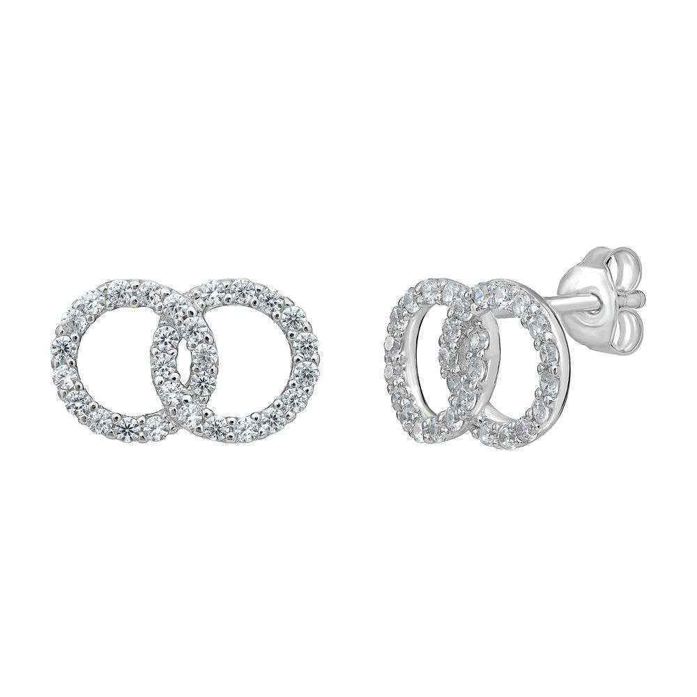 SE286C Sterling silver plain cz pave set double interlocking circles stud earrings front image