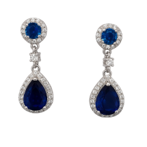 Sterling Silver Sapphire CZ Pear Halo Drop Earrings