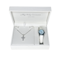 Silver Communion CZ Cross Pendant And Watch Gift Set