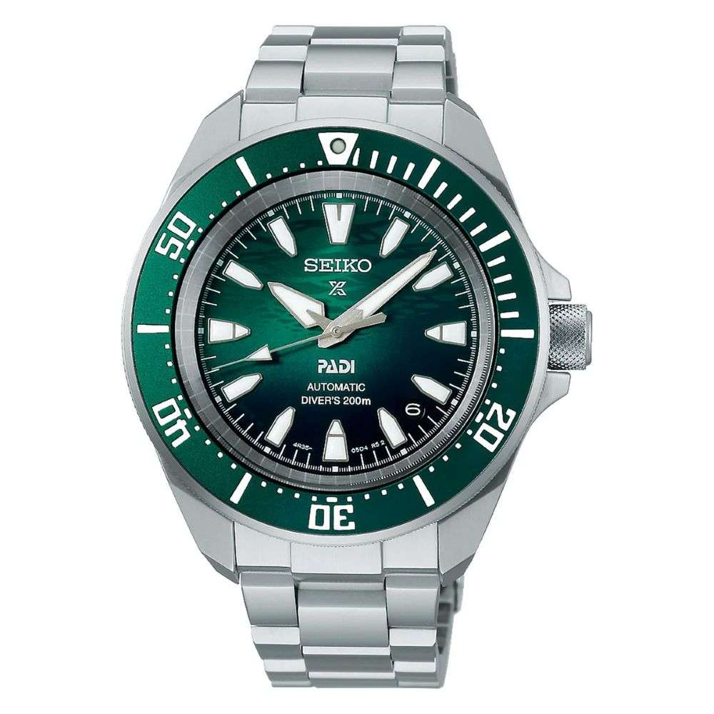 srpl53k1 Seiko Steel Prospex Padi Samurai Green Dial Watch front image srpl53k1 Seiko Steel Prospex Padi Samurai Green Dial Watch front image
